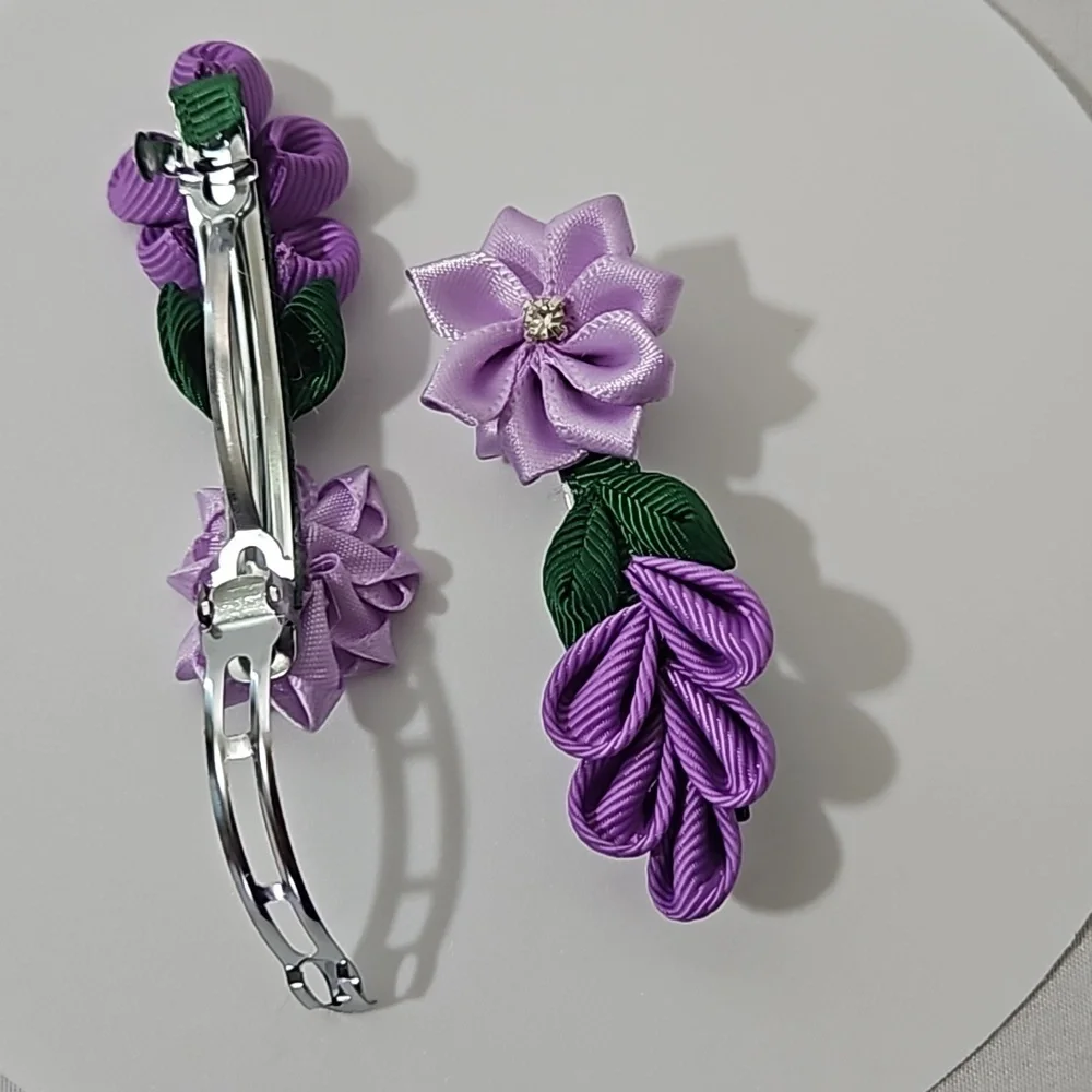 Hand Crafted Purple Barrette Hair Clip Floral Ribbon flowers purple 2- Piece set